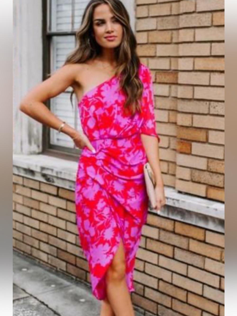 DO+BE One-Shoulder Pink and Red Floral Ruched Midi Dress in
